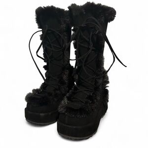 Demonia Black Lace-Up Fur Boots